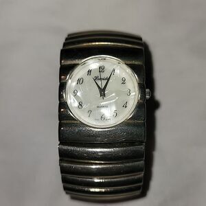 Lucida Industrial Thick Silver Metal Watch Expandable Band White Abalone Face‎